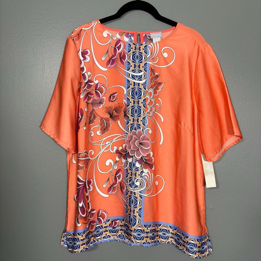 Chico's NWT Orange Retro Glam Old Money Top - Size 2 (Large 12/14) - Silky Feel